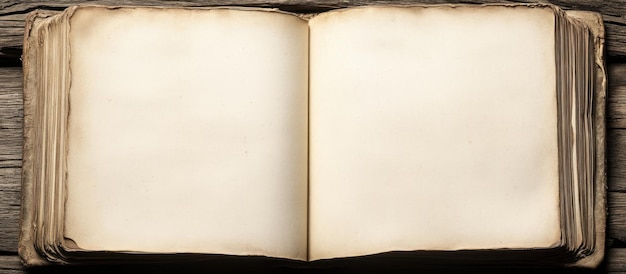 open antique book on wood blank pages rustic background design template