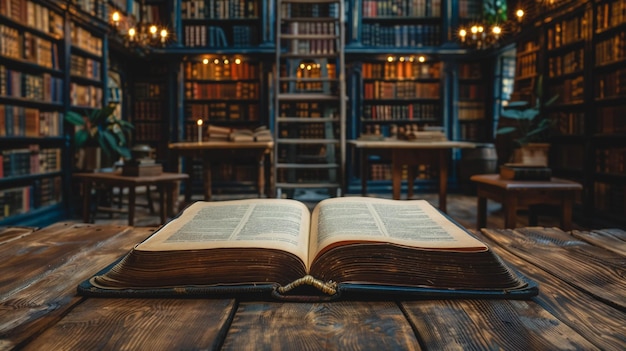 Открытая антикварная книга на деревянном столе в библиотеке