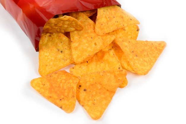 Open bag of crisps in a white surface