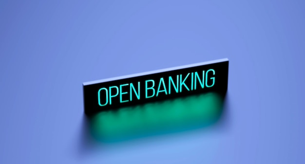 OPEN BANKING-tekstconcept Open Banking-neonwoord in vervaging 3D renderen