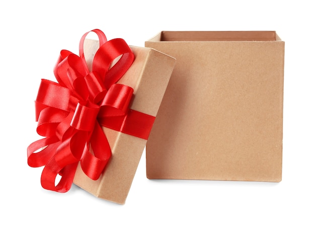 Open beautiful gift box on white background