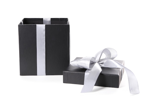 Open beautiful gift box on white background