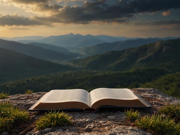 Photo an open bible sits on a rock with a sunset in the background