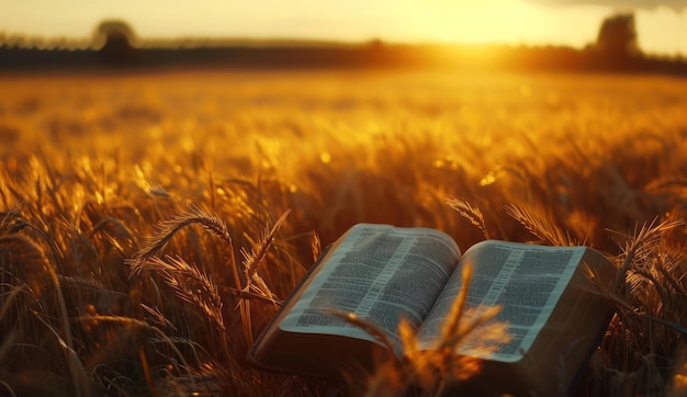 An open Bible in a wheat field at sunset