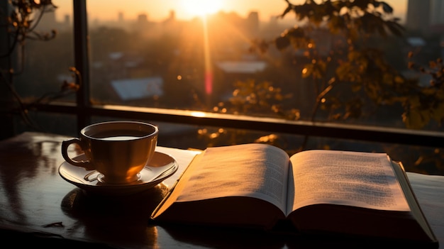 open bible on a window at sunset