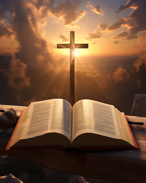Открытая Библия с крестом на ней над закатом солнца