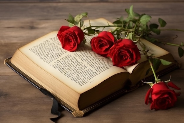 Open Bible with Rose Flowers on Light Wood Created with Generative AI Tools