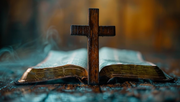 Foto bibbia aperta con croce di legno su uno sfondo scuro