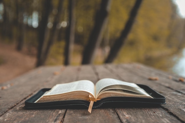 Open Bible on a wooden board near the river