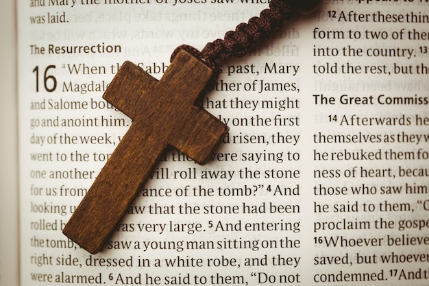 Open bible and wooden cross 