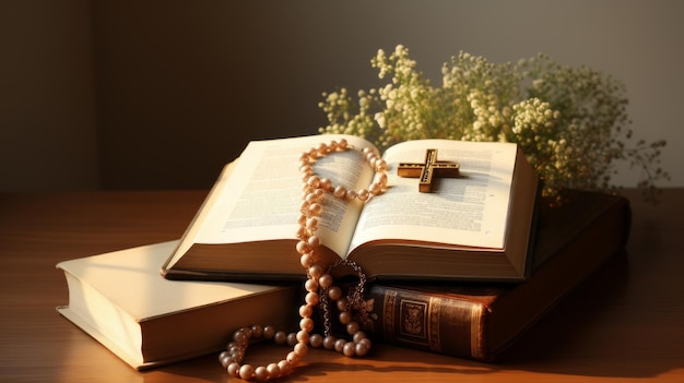 Open bible and wooden cross