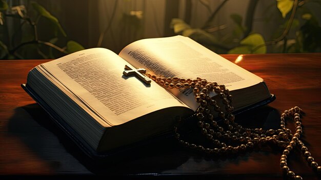 Open Bible on wooden desk with cross and beads