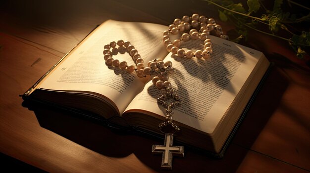 Open Bible on wooden desk with cross and beads