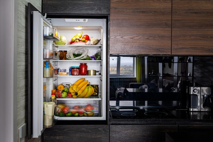 Photo open big fridge with products in kitchen