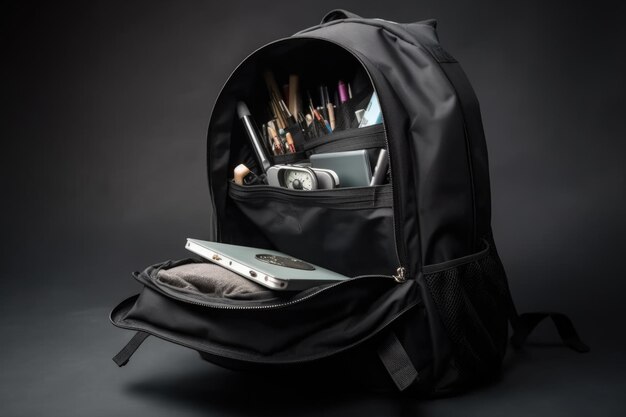 Photo open black backpack with stationery and books