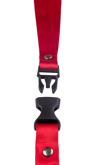 Open black plastic side release buckle with red woven strap attached