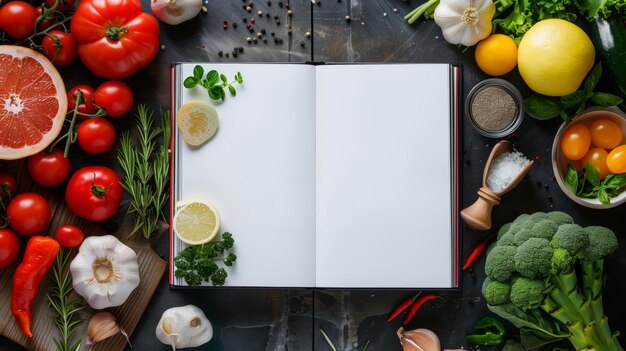 Open blank cookbook surrounded by fresh ingredients on a dark table