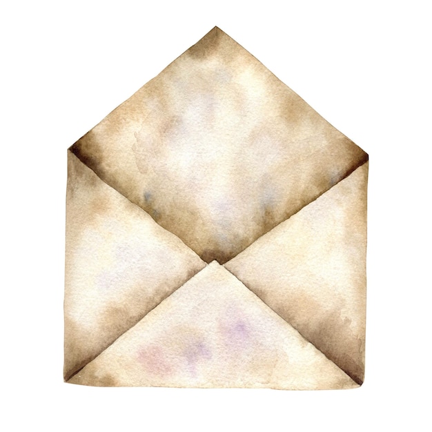 사진 흰색 배경 수채화에 격리된 갈색 종이로 만든 빈 메일 봉투를 엽니다.