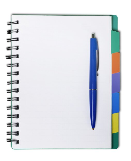 Open blank notebook and pen on a white background