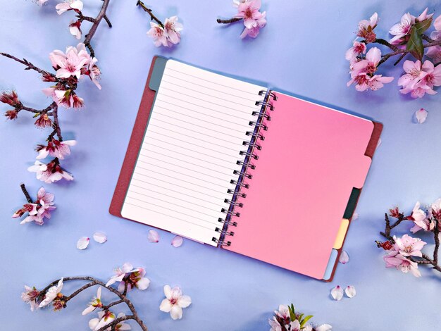 Open blank notebook and pink almond flowers spring overhead background with copyspace note book