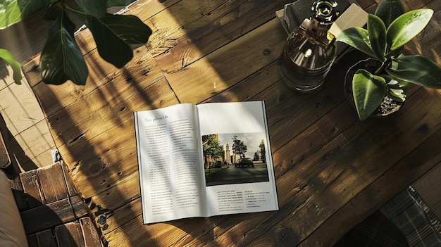 Open blank paper brochure on wooden table Mockup for design