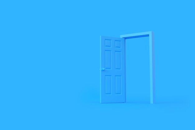 파란색 배경을 가진 방에서 파란색 문을 열어 건축 디자인 요소 3D 렌더 일러스트레이션