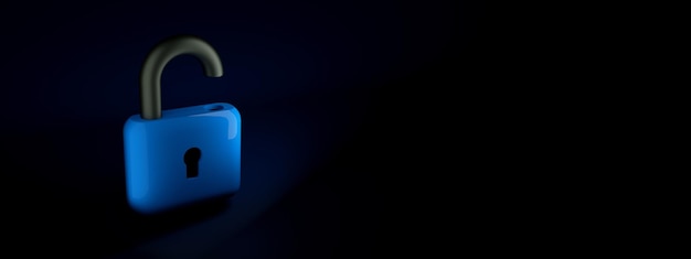 Open blue lock over black background 3d rendering panoramic layout