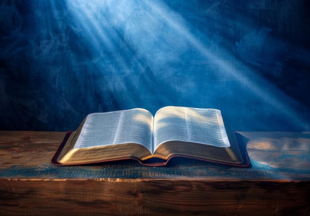 Open boek bijbel en zonlicht op tafel voor het christendom met redding uit de hemel kennis of vertrouwen