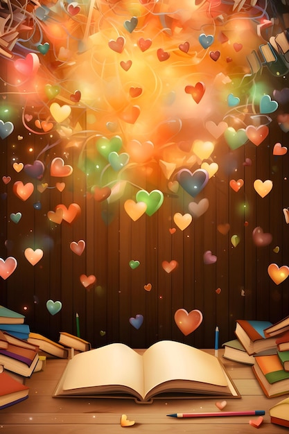 Open boek houten top en kleurrijke harten vallen van boven Nieuwjaarsfeest en feesten