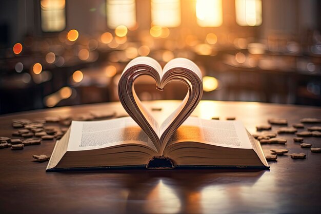 Foto open boek in hartvorm op bibliotheektafel voor wereldboekdag en valentijnsdag