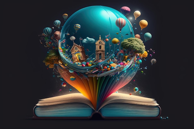 Open boek komt uit ballonnen voorwerpen en abstracte figuren fantasy boek AI