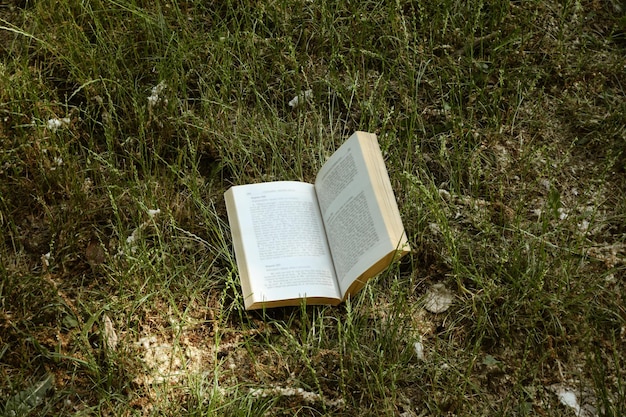 Open boek liggend buiten op gras in park