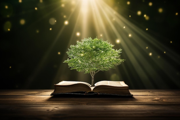 Open boek met boom op houten dek en bokeh achtergrond