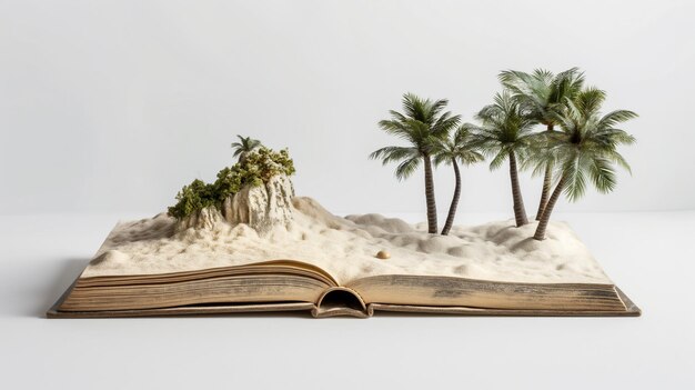 Open boek met een 3D pop-up tropisch eiland en palmbomen