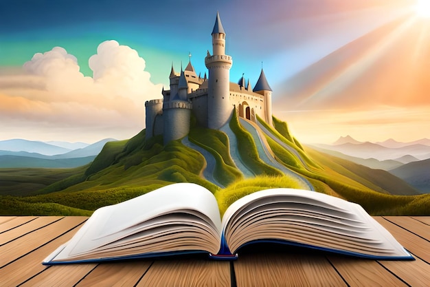 Open boek met een fantasiewereld die eruit springtEen kasteelillustratie over een boekGeneratief