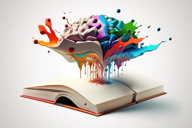 Open boek met fantastische levitatie gloeiende hersenen en kleurrijke plons