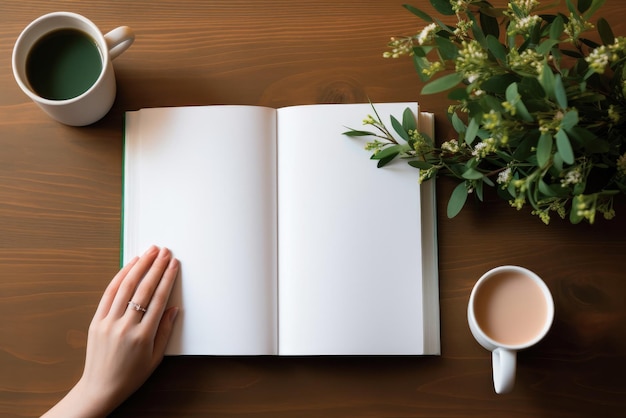 Open boek of notitieboek met blanco blanke witte vellen een vrouwenhand en kopjes koffie en thee op een houten achtergrond Vlak substraat met kopieerruimte