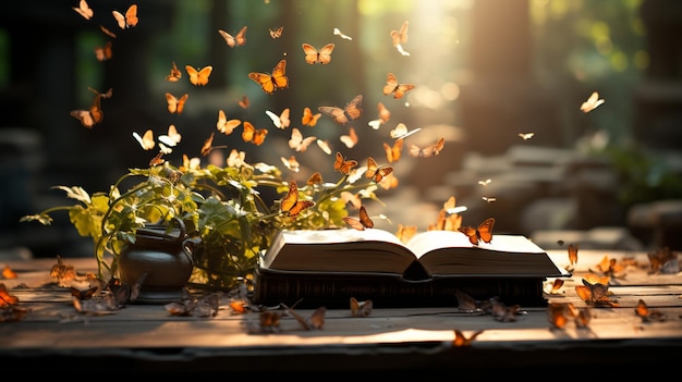 open boek op de achtergrond van een prachtig herfstgebladerte in de avond