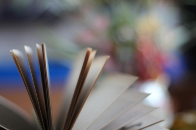 Open boek op een houten tafel met een wazige achtergrond en een ondiepe scherptediepte