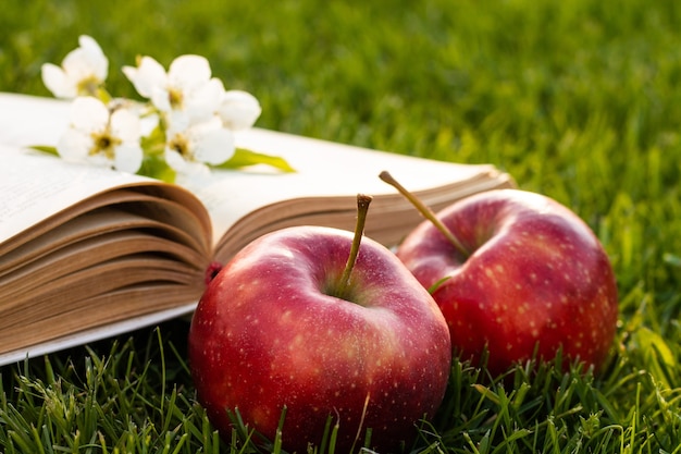 Open boek op groen gras met verse rode appels en een peer bloemen