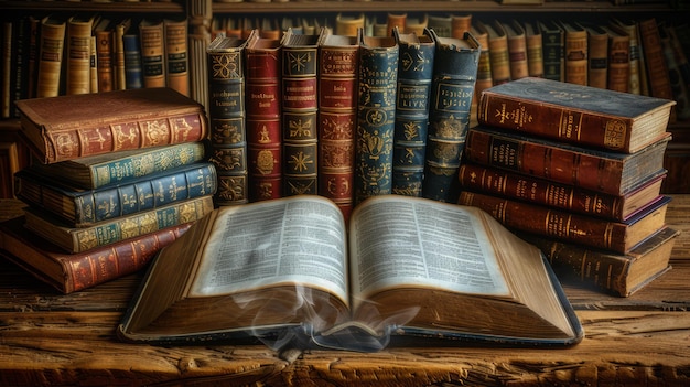 Фото Открытая книга и стопы старых книг на деревянном столе в старой библиотеке