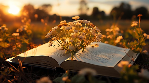 Open book bible in the grass in nature generative ai