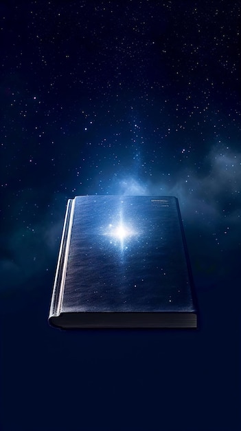 Open book bible and light on blue background generative ai