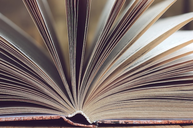 Open book closeup on a wooden table.