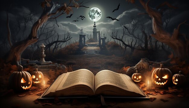 Открытая книга содержит сцену с изображением могилы Хэллоуина.