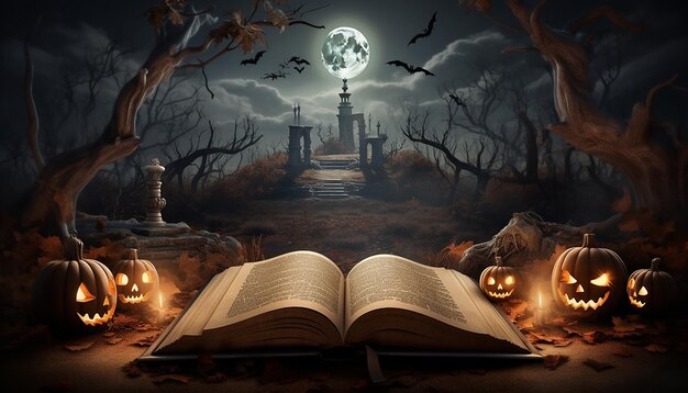 Photo an open book contains a scene with an image of a halloween grave