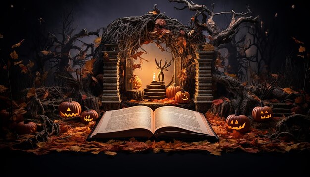 Photo an open book contains a scene with an image of a halloween grave