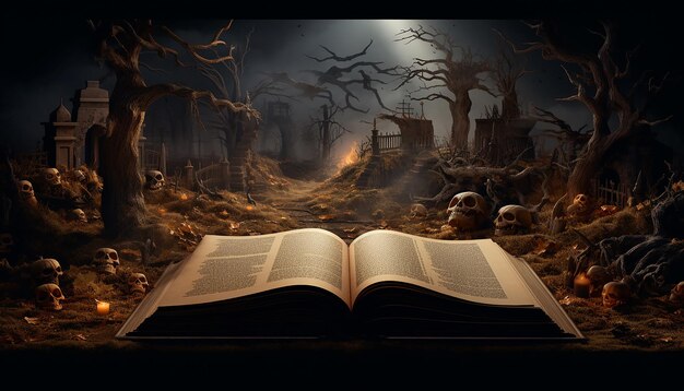 Photo an open book contains a scene with an image of a halloween grave