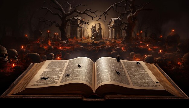 An open book contains a scene with an image of a halloween grave