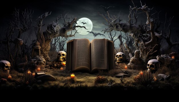 Photo an open book contains a scene with an image of a halloween grave